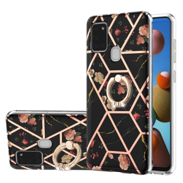 Electroplating Splicing Marble Flower Pattern TPU Shockproof Case with Rhinestone Ring Holder, For Samsung Galaxy A02s 164mm, For Samsung Galaxy A02S 166mm, For Samsung Galaxy A12 5G/F12/M12, For Samsung Galaxy A21s, For Samsung Galaxy A22 4G EU Versio...