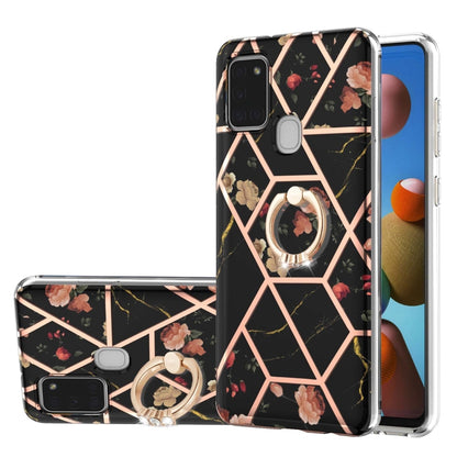 Electroplating Splicing Marble Flower Pattern TPU Shockproof Case with Rhinestone Ring Holder, For Samsung Galaxy A02s 164mm, For Samsung Galaxy A02S 166mm, For Samsung Galaxy A12 5G/F12/M12, For Samsung Galaxy A21s, For Samsung Galaxy A22 4G EU Versio...