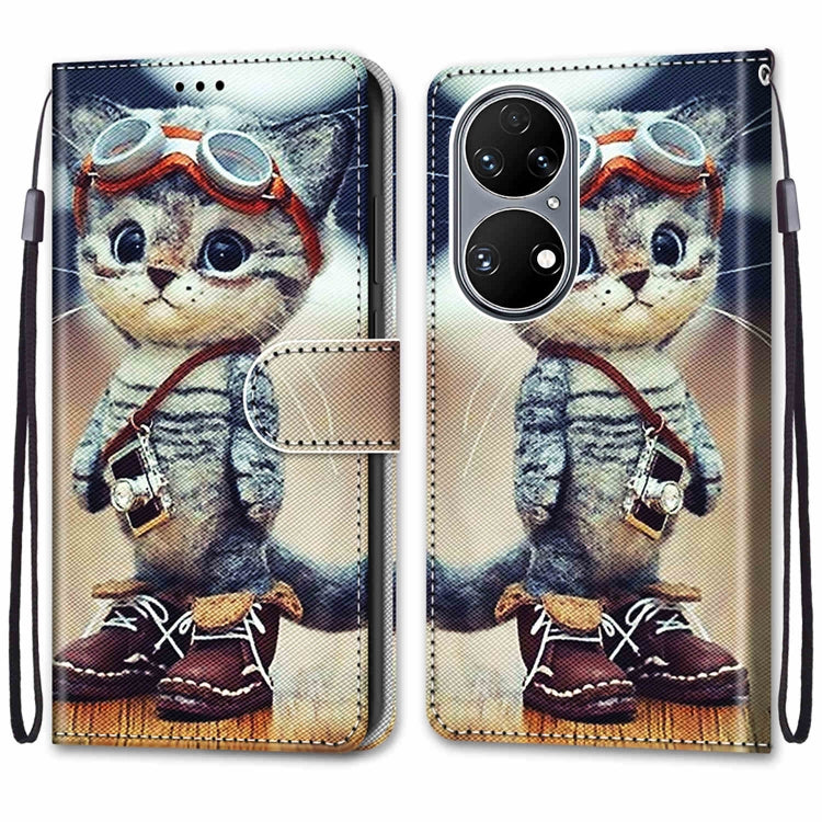 Coloured Drawing Cross Texture Horizontal Flip PU Leather Case with Holder & Card Slots & Wallet & Lanyard, For Huawei P50, For Huawei P50 Pro
