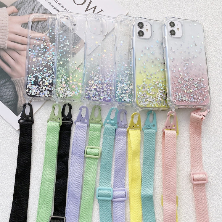 Gradient Glitter Powder Epoxy TPU Thickened Acrylic Shockproof Case with Wide Neck Lanyard, For iPhone 13 mini, For iPhone 13, For iPhone 13 Pro, For iPhone 13 Pro Max, For iPhone 12 mini, For iPhone 12 / 12 Pro, For iPhone 12 Pro Max, For iPhone 11   ...