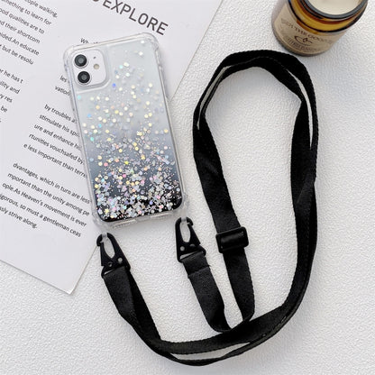Gradient Glitter Powder Epoxy TPU Thickened Acrylic Shockproof Case with Wide Neck Lanyard, For iPhone 13 mini, For iPhone 13, For iPhone 13 Pro, For iPhone 13 Pro Max, For iPhone 12 mini, For iPhone 12 / 12 Pro, For iPhone 12 Pro Max, For iPhone 11   ...