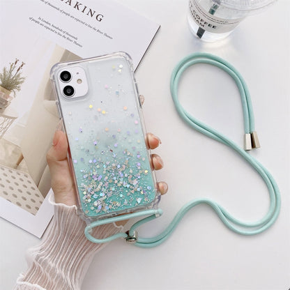 Gradient Glitter Powder Epoxy TPU Thickened Acrylic Shockproof Case with Round Neck Lanyard, For iPhone 13 mini, For iPhone 13, For iPhone 13 Pro, For iPhone 13 Pro Max, For iPhone 12 mini, For iPhone 12 / 12 Pro, For iPhone 12 Pro Max, For iPhone 11  ...