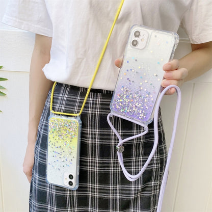Gradient Glitter Powder Epoxy TPU Thickened Acrylic Shockproof Case with Round Neck Lanyard, For iPhone 13 mini, For iPhone 13, For iPhone 13 Pro, For iPhone 13 Pro Max, For iPhone 12 mini, For iPhone 12 / 12 Pro, For iPhone 12 Pro Max, For iPhone 11  ...