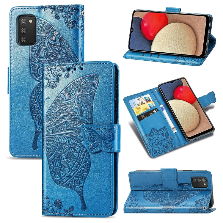 Butterfly Love Flowers Embossed Horizontal Flip Leather Case with Holder & Card Slots & Wallet & Lanyard, For Samsung Galaxy A03s 166mm