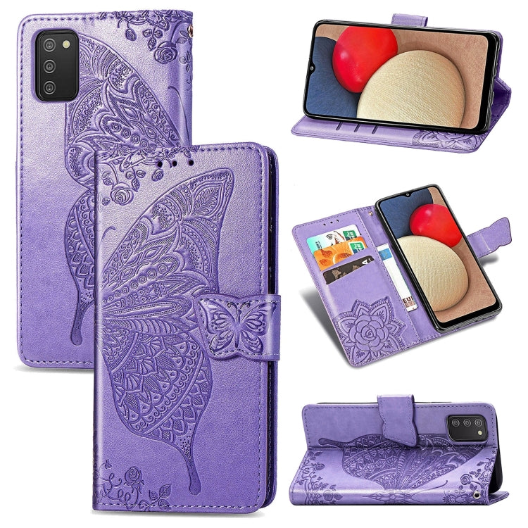 Butterfly Love Flowers Embossed Horizontal Flip Leather Case with Holder & Card Slots & Wallet & Lanyard, For Samsung Galaxy A03s 166mm