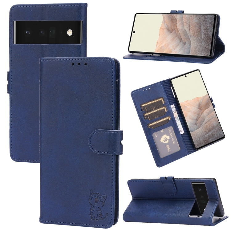 Embossed Happy Cat Pattern Horizontal Flip Leather Case with Holder & Card Slots & Wallet, For Google Pixel 6, For Google Pixel 6 Pro