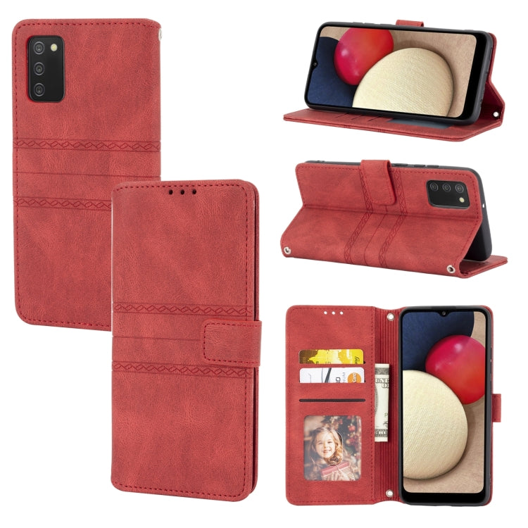 Embossed Striped Magnetic Buckle PU + TPU Horizontal Flip Leather Case, For Samsung Galaxy A02s 166mm
