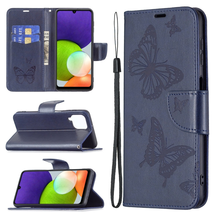 Embossing Two Butterflies Pattern Horizontal Flip Leather Phone Case with Holder & Card Slot & Wallet & Lanyard, For Samsung Galaxy A22 4G