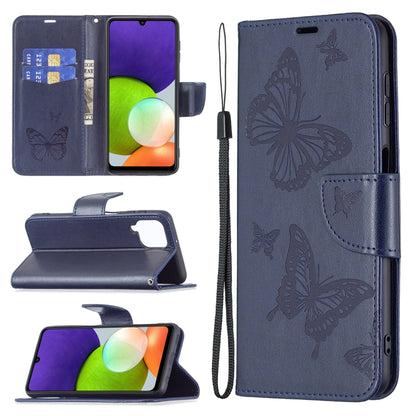 Embossing Two Butterflies Pattern Horizontal Flip Leather Phone Case with Holder & Card Slot & Wallet & Lanyard, For Samsung Galaxy A22 4G