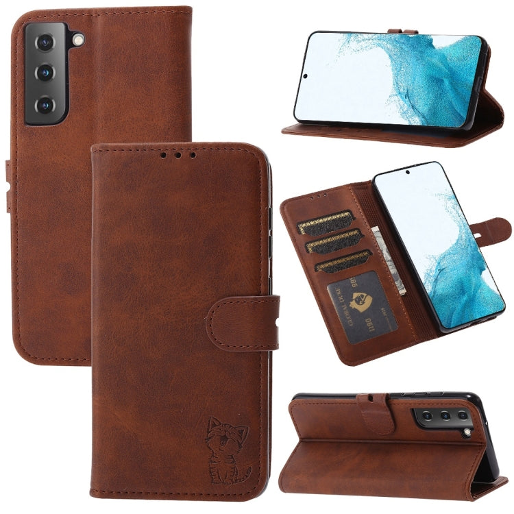 Embossed Happy Cat Pattern Horizontal Flip Leather Phone Case, For Samsung Galaxy S22 5G, For Samsung Galaxy S22+ 5G
