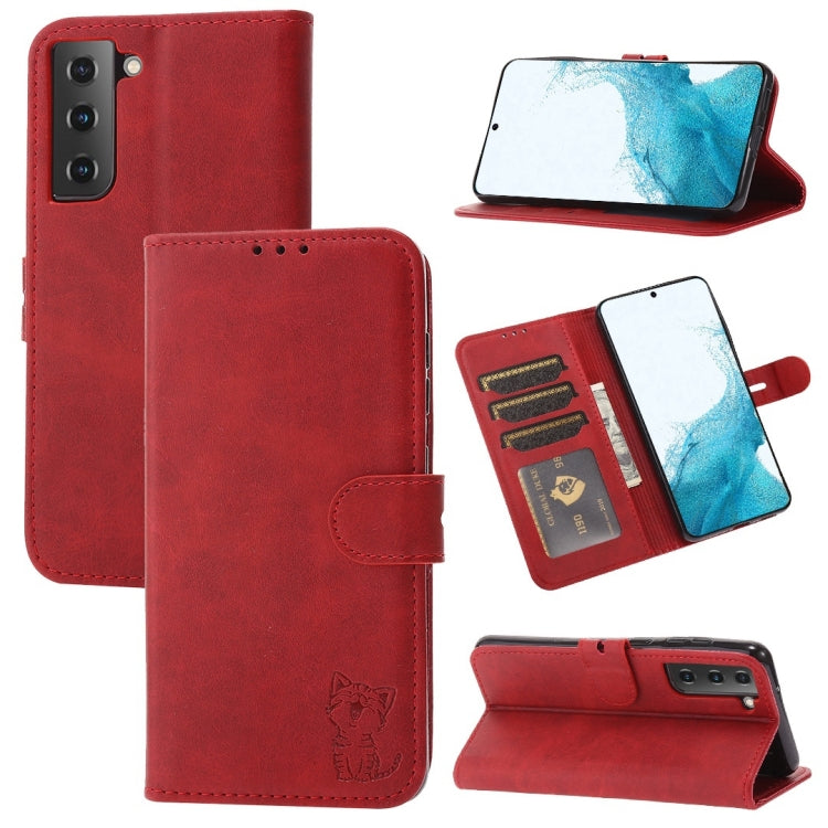 Embossed Happy Cat Pattern Horizontal Flip Leather Phone Case, For Samsung Galaxy S22 5G, For Samsung Galaxy S22+ 5G
