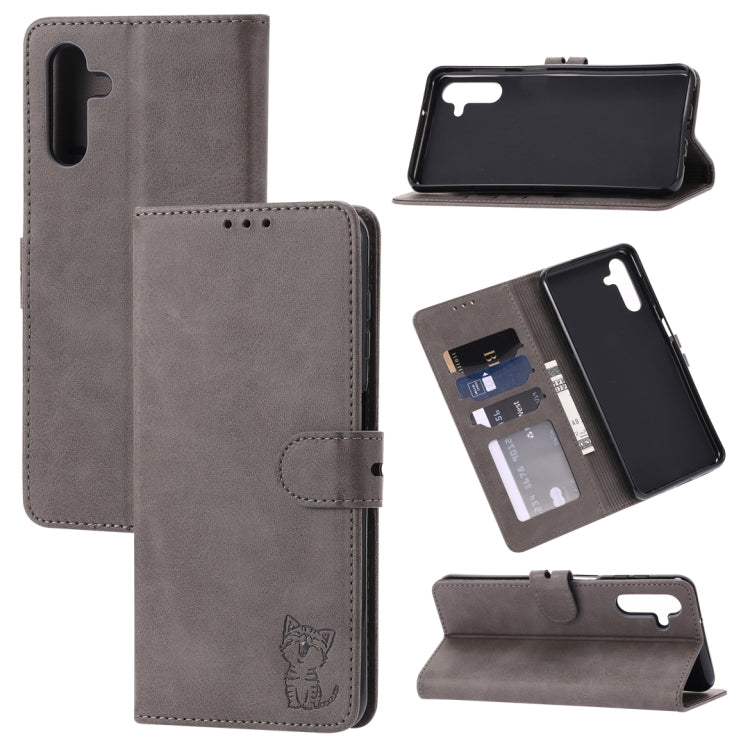 Embossed Happy Cat Pattern Leather Phone Case, For Samsung Galaxy S22 Ultra 5G, For Samsung Galaxy A13 5G, For Samsung Galaxy A33 5G, For Samsung Galaxy A53