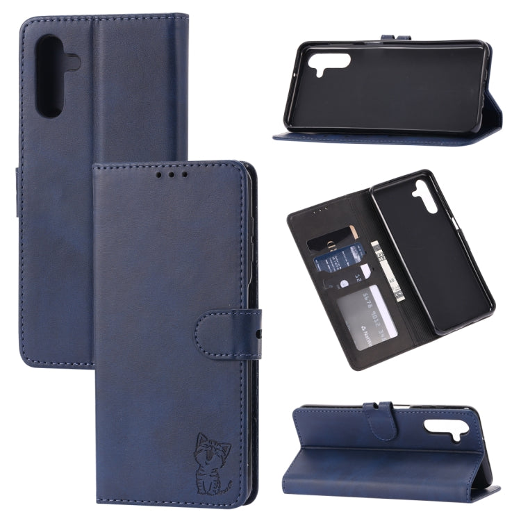 Embossed Happy Cat Pattern Leather Phone Case, For Samsung Galaxy S22 Ultra 5G, For Samsung Galaxy A13 5G, For Samsung Galaxy A33 5G, For Samsung Galaxy A53