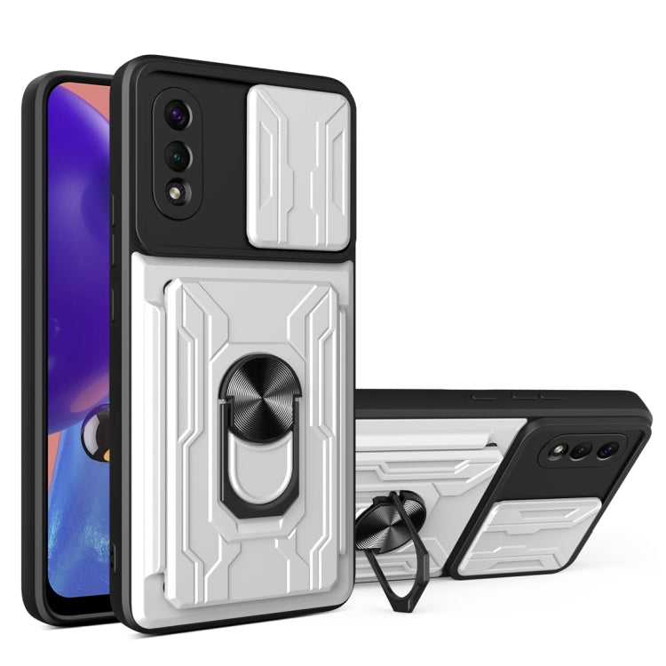 Camera Cover Phone Case with Card Slot & Holder, For Samsung Galaxy A02 / M02, For Samsung Galaxy A02s EU Version, For Samsung Galaxy A32, For Samsung Galaxy S20 FE, For Samsung Galaxy S20+, For Samsung Galaxy S21 Ultra 5G