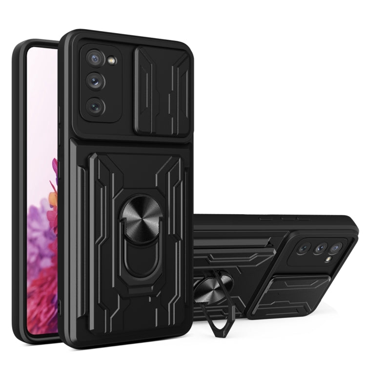 Camera Cover Phone Case with Card Slot & Holder, For Samsung Galaxy A02 / M02, For Samsung Galaxy A02s EU Version, For Samsung Galaxy A32, For Samsung Galaxy S20 FE, For Samsung Galaxy S20+, For Samsung Galaxy S21 Ultra 5G