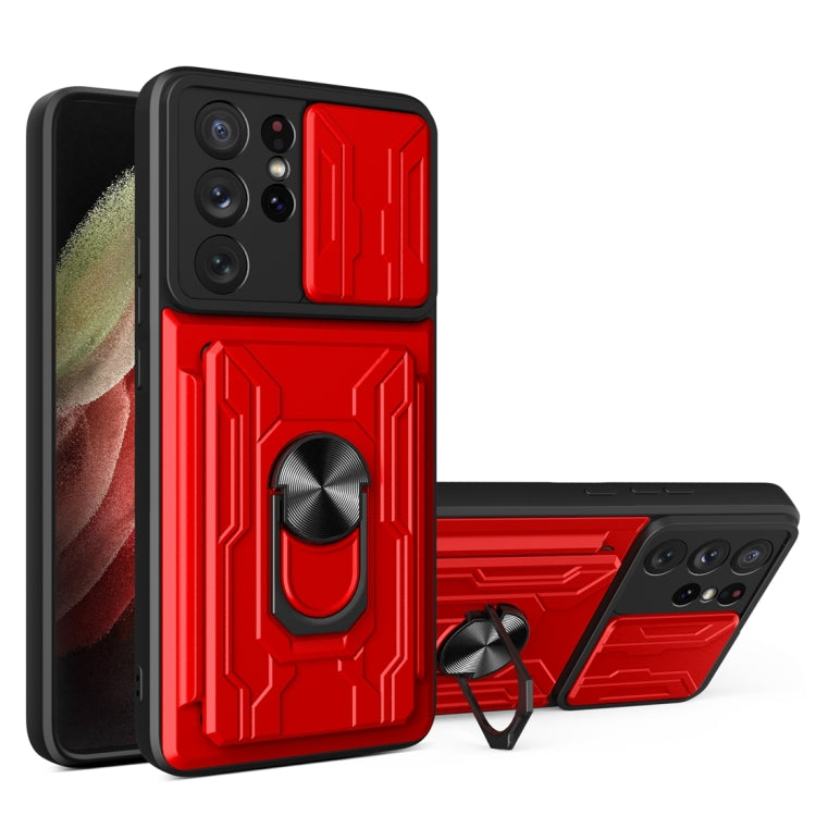 Camera Cover Phone Case with Card Slot & Holder, For Samsung Galaxy A02 / M02, For Samsung Galaxy A02s EU Version, For Samsung Galaxy A32, For Samsung Galaxy S20 FE, For Samsung Galaxy S20+, For Samsung Galaxy S21 Ultra 5G
