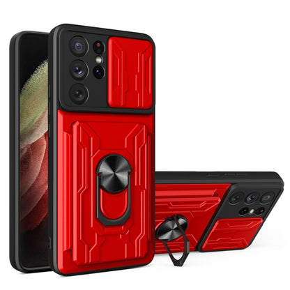 Camera Cover Phone Case with Card Slot & Holder, For Samsung Galaxy A02 / M02, For Samsung Galaxy A02s EU Version, For Samsung Galaxy A32, For Samsung Galaxy S20 FE, For Samsung Galaxy S20+, For Samsung Galaxy S21 Ultra 5G