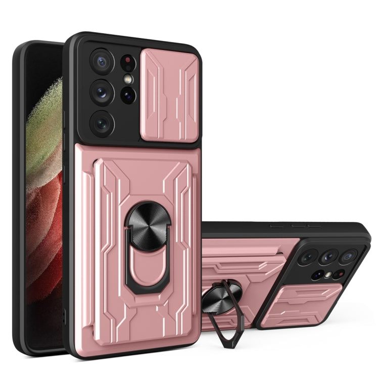 Camera Cover Phone Case with Card Slot & Holder, For Samsung Galaxy A02 / M02, For Samsung Galaxy A02s EU Version, For Samsung Galaxy A32, For Samsung Galaxy S20 FE, For Samsung Galaxy S20+, For Samsung Galaxy S21 Ultra 5G