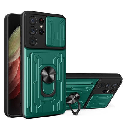 Camera Cover Phone Case with Card Slot & Holder, For Samsung Galaxy A02 / M02, For Samsung Galaxy A02s EU Version, For Samsung Galaxy A32, For Samsung Galaxy S20 FE, For Samsung Galaxy S20+, For Samsung Galaxy S21 Ultra 5G