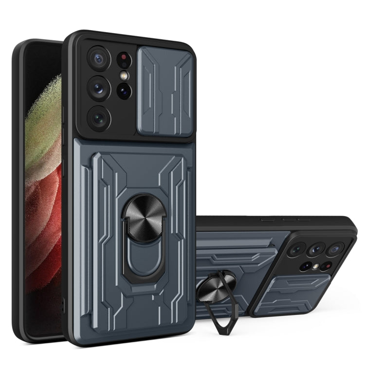 Camera Cover Phone Case with Card Slot & Holder, For Samsung Galaxy A02 / M02, For Samsung Galaxy A02s EU Version, For Samsung Galaxy A32, For Samsung Galaxy S20 FE, For Samsung Galaxy S20+, For Samsung Galaxy S21 Ultra 5G