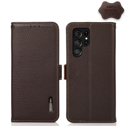 KHAZNEH Side-Magnetic Litchi Genuine Leather RFID Phone Case, For Samsung Galaxy S21 Ultra 5G, For Samsung Galaxy S22+ 5G, For Samsung Galaxy S22 5G, For Samsung Galaxy S22 Ultra 5G, For Samsung Galaxy Xcover 5, For Samsung Galaxy A03 164mm Version    ...