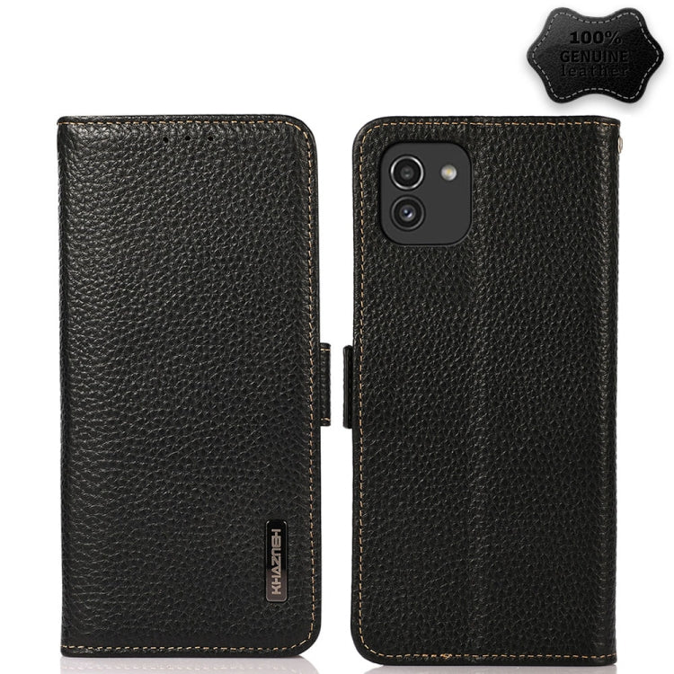 KHAZNEH Side-Magnetic Litchi Genuine Leather RFID Phone Case, For Samsung Galaxy S21 Ultra 5G, For Samsung Galaxy S22+ 5G, For Samsung Galaxy S22 5G, For Samsung Galaxy S22 Ultra 5G, For Samsung Galaxy Xcover 5, For Samsung Galaxy A03 164mm Version    ...