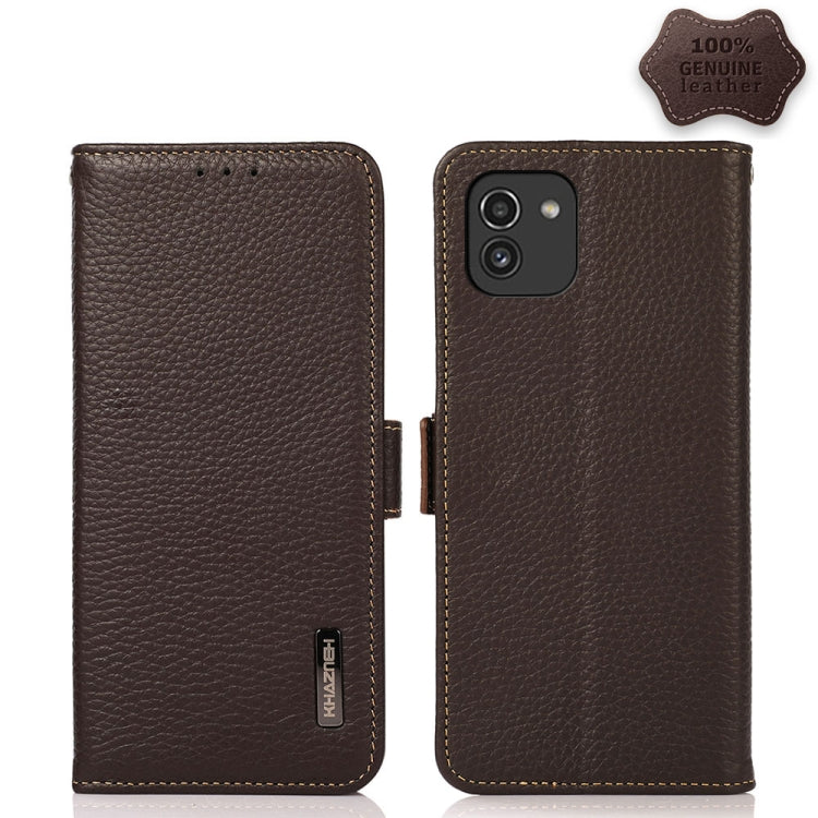 KHAZNEH Side-Magnetic Litchi Genuine Leather RFID Phone Case, For Samsung Galaxy S21 Ultra 5G, For Samsung Galaxy S22+ 5G, For Samsung Galaxy S22 5G, For Samsung Galaxy S22 Ultra 5G, For Samsung Galaxy Xcover 5, For Samsung Galaxy A03 164mm Version    ...