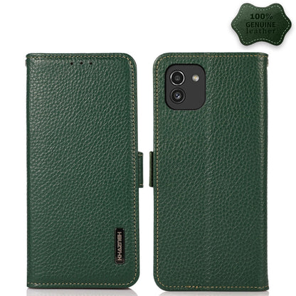 KHAZNEH Side-Magnetic Litchi Genuine Leather RFID Phone Case, For Samsung Galaxy S21 Ultra 5G, For Samsung Galaxy S22+ 5G, For Samsung Galaxy S22 5G, For Samsung Galaxy S22 Ultra 5G, For Samsung Galaxy Xcover 5, For Samsung Galaxy A03 164mm Version    ...