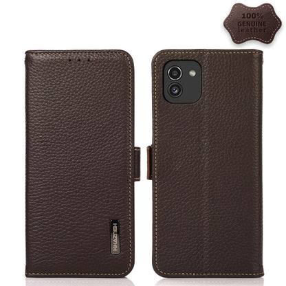 KHAZNEH Side-Magnetic Litchi Genuine Leather RFID Phone Case, For Samsung Galaxy S21 Ultra 5G, For Samsung Galaxy S22+ 5G, For Samsung Galaxy S22 5G, For Samsung Galaxy S22 Ultra 5G, For Samsung Galaxy Xcover 5, For Samsung Galaxy A03 164mm Version    ...