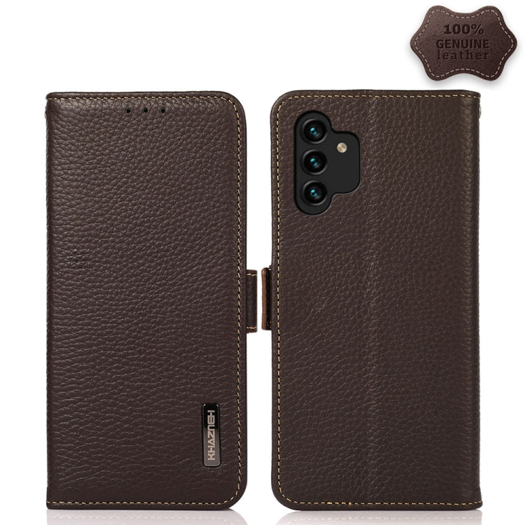 KHAZNEH Side-Magnetic Litchi Genuine Leather RFID Phone Case, For Samsung Galaxy S21 Ultra 5G, For Samsung Galaxy S22+ 5G, For Samsung Galaxy S22 5G, For Samsung Galaxy S22 Ultra 5G, For Samsung Galaxy Xcover 5, For Samsung Galaxy A03 164mm Version    ...