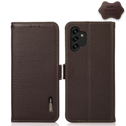 KHAZNEH Side-Magnetic Litchi Genuine Leather RFID Phone Case, For Samsung Galaxy S21 Ultra 5G, For Samsung Galaxy S22+ 5G, For Samsung Galaxy S22 5G, For Samsung Galaxy S22 Ultra 5G, For Samsung Galaxy Xcover 5, For Samsung Galaxy A03 164mm Version    ...