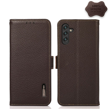 KHAZNEH Side-Magnetic Litchi Genuine Leather RFID Phone Case, For Samsung Galaxy S21 Ultra 5G, For Samsung Galaxy S22+ 5G, For Samsung Galaxy S22 5G, For Samsung Galaxy S22 Ultra 5G, For Samsung Galaxy Xcover 5, For Samsung Galaxy A03 164mm Version    ...
