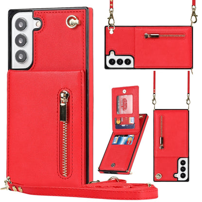 Cross-body Square Zipper Card Holder Bag Phone Case, For Samsung Galaxy S22 5G, For Samsung Galaxy S22+ 5G, For Samsung Galaxy S22 Ultra 5G, For Samsung Galaxy S21 FE 5G