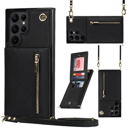 Cross-body Square Zipper Card Holder Bag Phone Case, For Samsung Galaxy S22 5G, For Samsung Galaxy S22+ 5G, For Samsung Galaxy S22 Ultra 5G, For Samsung Galaxy S21 FE 5G