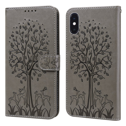Tree & Deer Pattern Pressed Printing Horizontal Flip Leather Phone Case, For iPhone 13, For iPhone X / XS, For iPhone XR