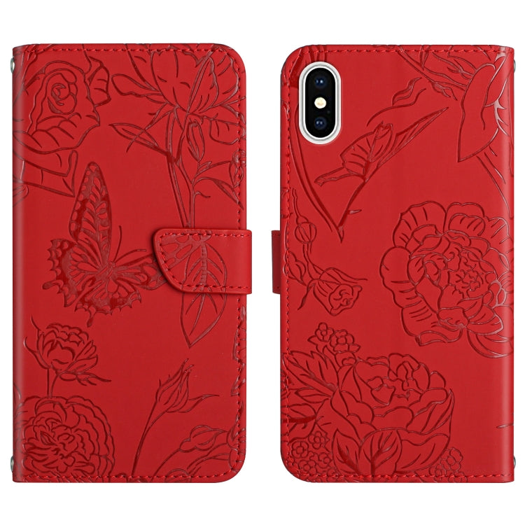 Skin Feel Butterfly Peony Embossed Leather Phone Case, For iPhone 13, For iPhone 13 mini, For iPhone 13 Pro, For iPhone 13 Pro Max, For iPhone XS / X, For iPhone XR, For iPhone XS Max