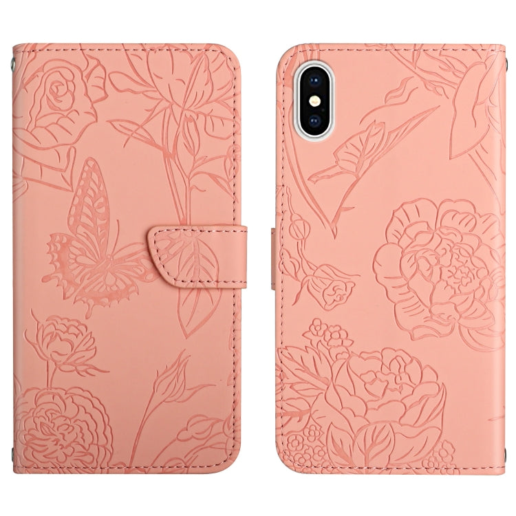 Skin Feel Butterfly Peony Embossed Leather Phone Case, For iPhone 13, For iPhone 13 mini, For iPhone 13 Pro, For iPhone 13 Pro Max, For iPhone XS / X, For iPhone XR, For iPhone XS Max