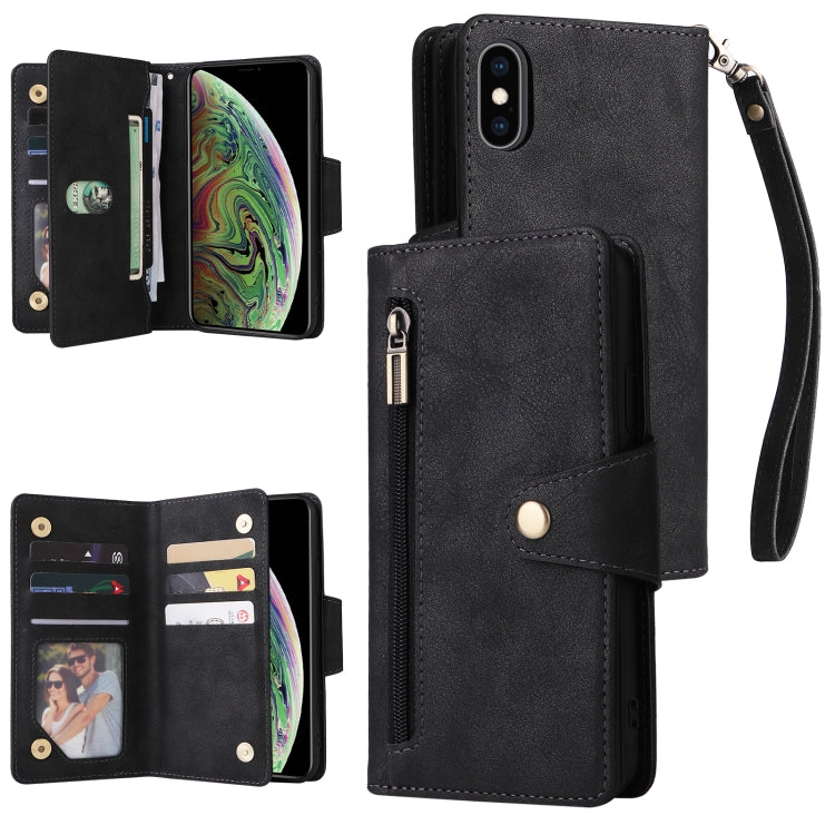 Rivet Buckle 9 Cards Three Fold Leather Phone Case, For iPhone XR, For iPhone XS Max, For iPhone 11 Pro Max, For iPhone 13 Pro, For iPhone 13 Pro Max