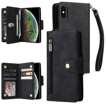 Rivet Buckle 9 Cards Three Fold Leather Phone Case, For iPhone XR, For iPhone XS Max, For iPhone 11 Pro Max, For iPhone 13 Pro, For iPhone 13 Pro Max