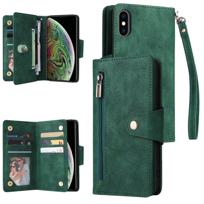 Rivet Buckle 9 Cards Three Fold Leather Phone Case, For iPhone XR, For iPhone XS Max, For iPhone 11 Pro Max, For iPhone 13 Pro, For iPhone 13 Pro Max