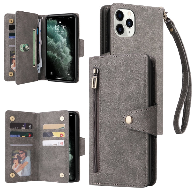 Rivet Buckle 9 Cards Three Fold Leather Phone Case, For iPhone XR, For iPhone XS Max, For iPhone 11 Pro Max, For iPhone 13 Pro, For iPhone 13 Pro Max