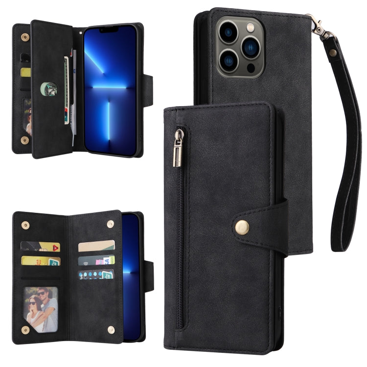 Rivet Buckle 9 Cards Three Fold Leather Phone Case, For iPhone XR, For iPhone XS Max, For iPhone 11 Pro Max, For iPhone 13 Pro, For iPhone 13 Pro Max