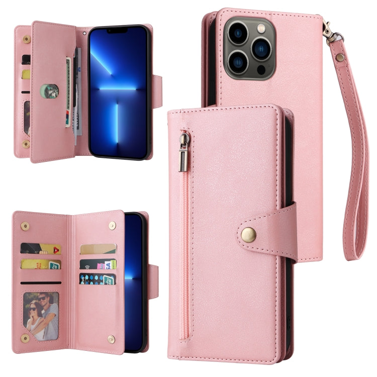 Rivet Buckle 9 Cards Three Fold Leather Phone Case, For iPhone XR, For iPhone XS Max, For iPhone 11 Pro Max, For iPhone 13 Pro, For iPhone 13 Pro Max