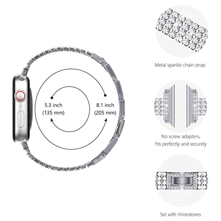 Four-row Diamond-set Metal Watchband For Apple Watch Series, 7 41mm / 6&SE&5&4 40mm / 3&2&1 38mm, 7 45mm / 6&SE&5&4 44mm / 3&2&1 42mm