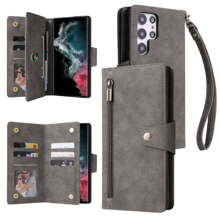 Rivet Buckle 9 Cards Three Fold Leather Phone Case, For Samsung Galaxy S22+, For Samsung Galaxy S22 Ultra 5G, For Samsung Galaxy A02, For Samsung Galaxy A03S 166mm, For Samsung Galaxy A10, For Samsung Galaxy A10s, For Samsung Galaxy A11 EU Version     ...