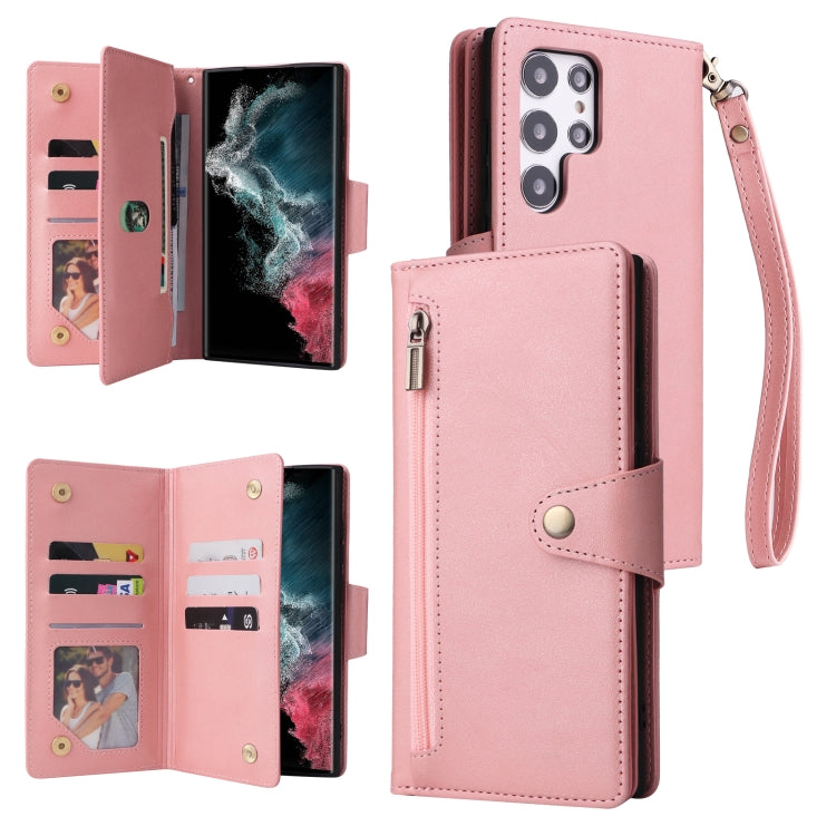 Rivet Buckle 9 Cards Three Fold Leather Phone Case, For Samsung Galaxy S22+, For Samsung Galaxy S22 Ultra 5G, For Samsung Galaxy A02, For Samsung Galaxy A03S 166mm, For Samsung Galaxy A10, For Samsung Galaxy A10s, For Samsung Galaxy A11 EU Version     ...