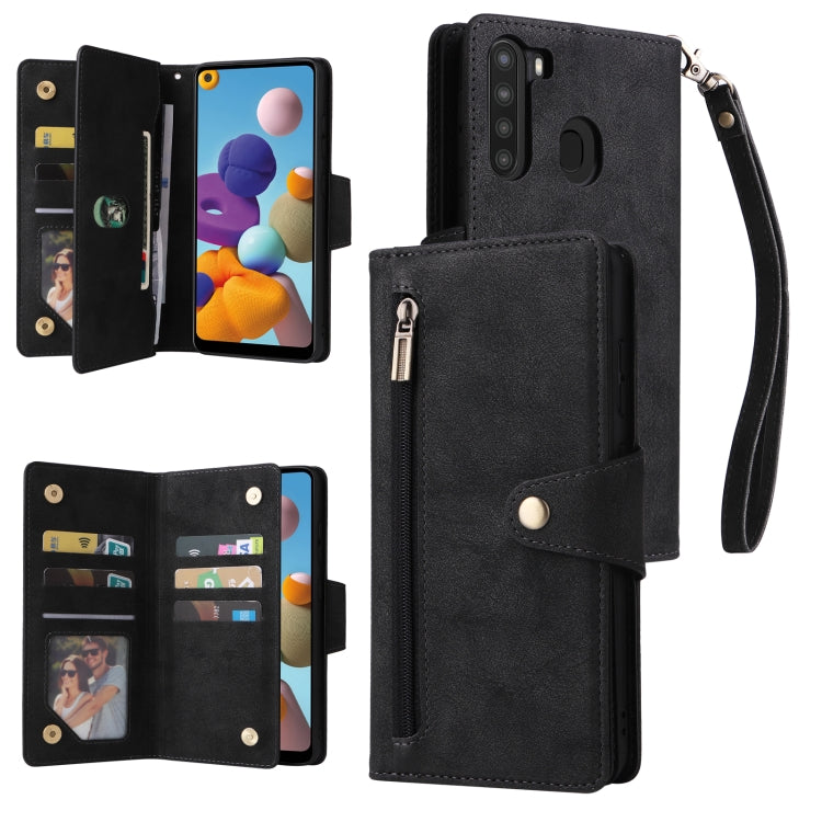 Rivet Buckle 9 Cards Three Fold Leather Phone Case, For Samsung Galaxy A20, For Samsung Galaxy A20E, For Samsung Galaxy A20S, For Samsung Galaxy A21 EU Version, For Samsung Galaxy A21S, For Samsung Galaxy A22 4G, For Samsung Galaxy A22 5G              ...