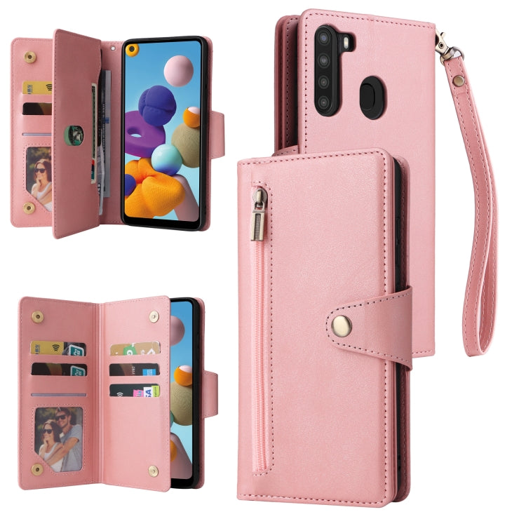 Rivet Buckle 9 Cards Three Fold Leather Phone Case, For Samsung Galaxy A20, For Samsung Galaxy A20E, For Samsung Galaxy A20S, For Samsung Galaxy A21 EU Version, For Samsung Galaxy A21S, For Samsung Galaxy A22 4G, For Samsung Galaxy A22 5G              ...