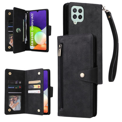 Rivet Buckle 9 Cards Three Fold Leather Phone Case, For Samsung Galaxy A20, For Samsung Galaxy A20E, For Samsung Galaxy A20S, For Samsung Galaxy A21 EU Version, For Samsung Galaxy A21S, For Samsung Galaxy A22 4G, For Samsung Galaxy A22 5G              ...