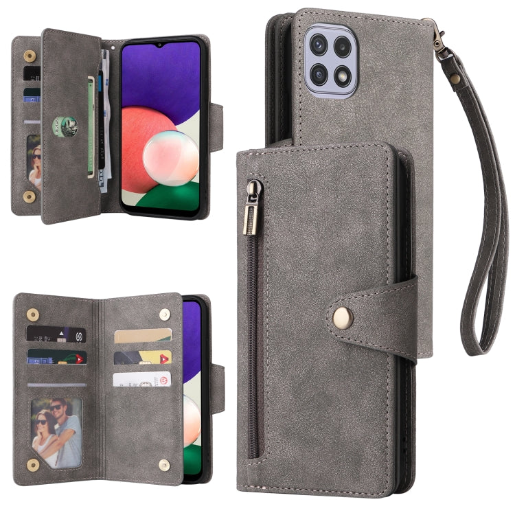 Rivet Buckle 9 Cards Three Fold Leather Phone Case, For Samsung Galaxy A20, For Samsung Galaxy A20E, For Samsung Galaxy A20S, For Samsung Galaxy A21 EU Version, For Samsung Galaxy A21S, For Samsung Galaxy A22 4G, For Samsung Galaxy A22 5G              ...